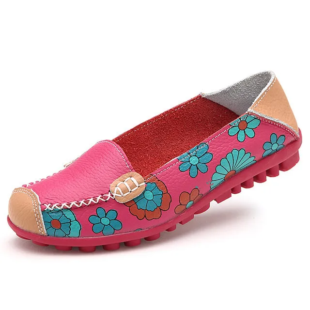 2018 Cow Muscle Ballet Summer Flower Print Women Genuine Leather Shoes Woman  Flat Flexible Nurse  Peas Loafer Flats Appliques