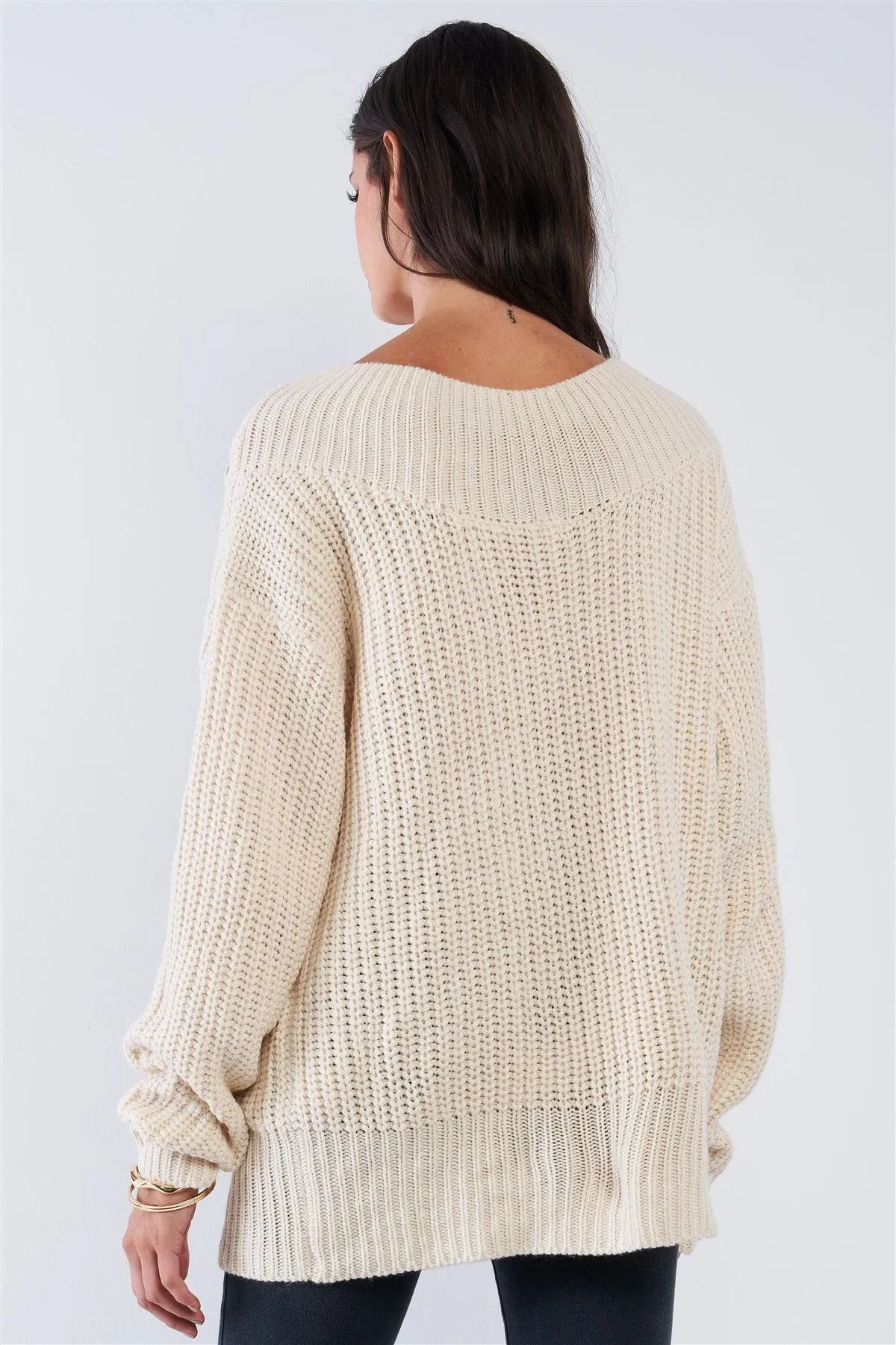 Beige Cable Knit Draw String Self Tie V-Neck Long Sleeve Oversized Sweater