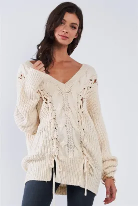 Beige Cable Knit Draw String Self Tie V-Neck Long Sleeve Oversized Sweater