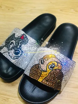 Customize Your SANDALS SLIDES Slippers in Summer Beach, Wedding, Fashion - Example of Lady and the tramp - Bedazzled Swarovski Rhinestone