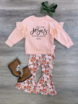 Fall for Jesus Girls Peach Florals Flare Pants Outfit