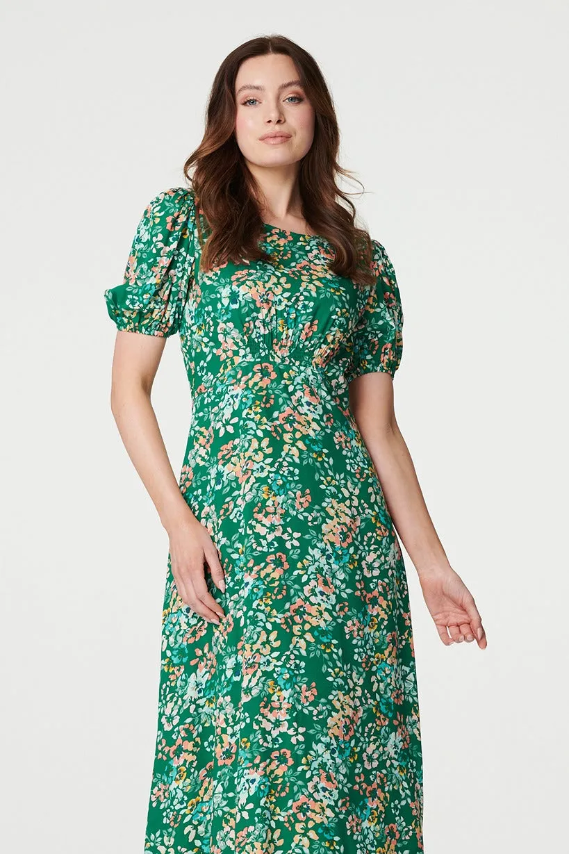 Floral Puff Sleeve Ruched Midi Dress