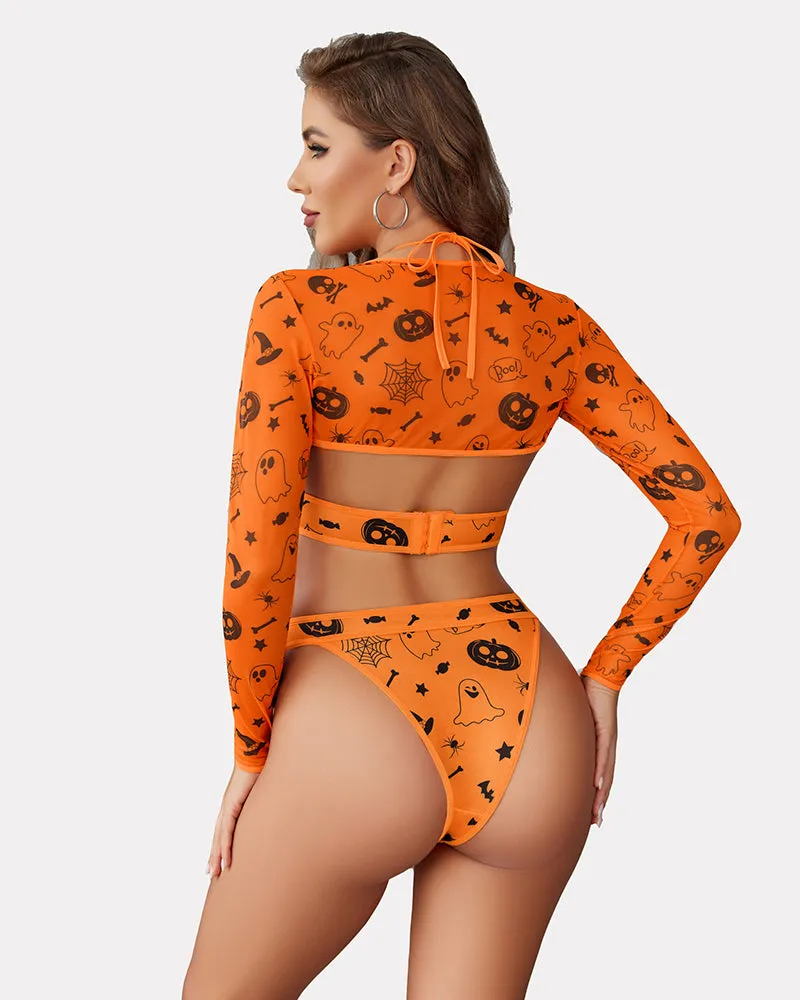 Halloween Bodysuit Buckle Shrug Crop Top Set