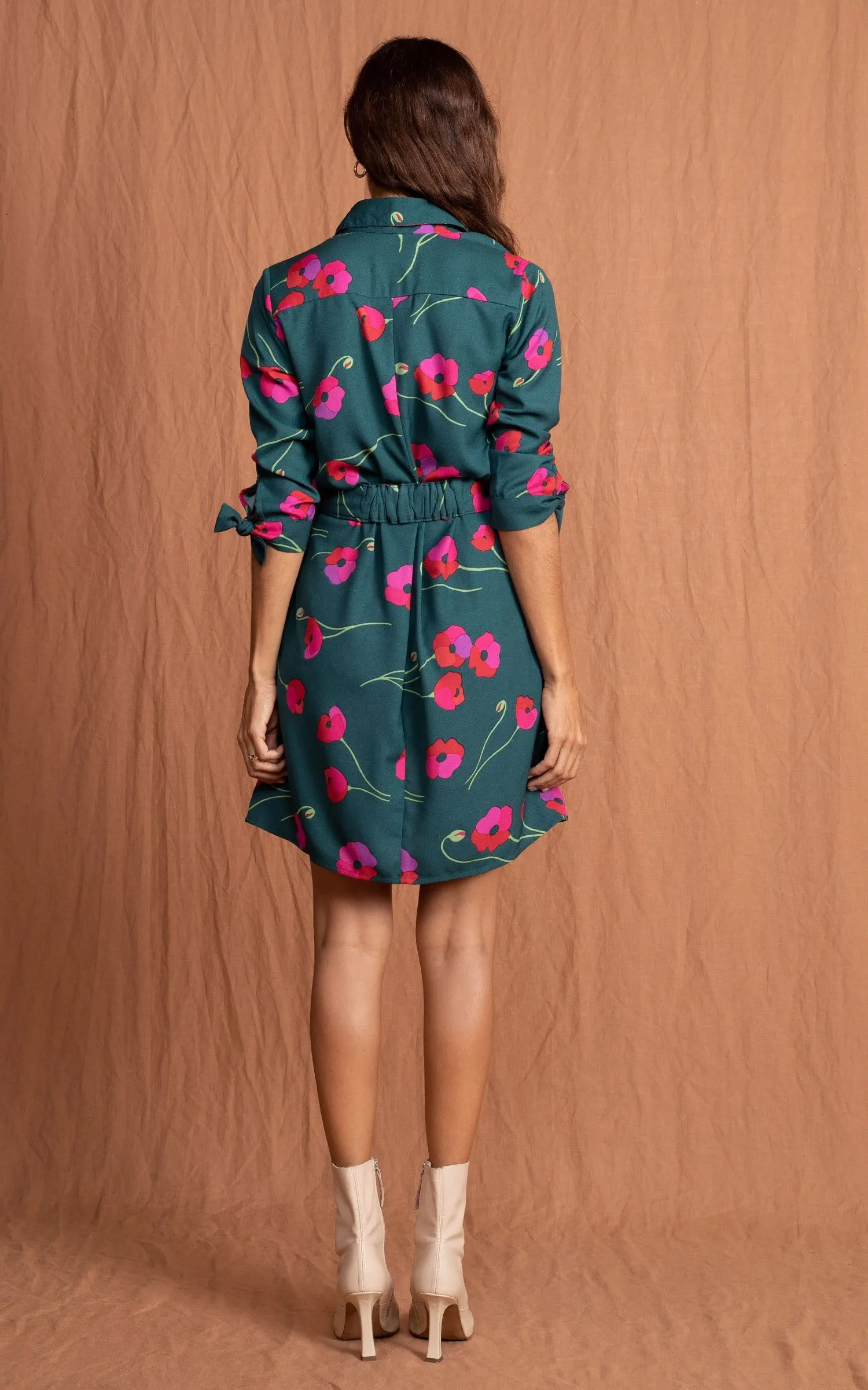 Jonah Mini Shirt Dress in Poppies on Dark Green