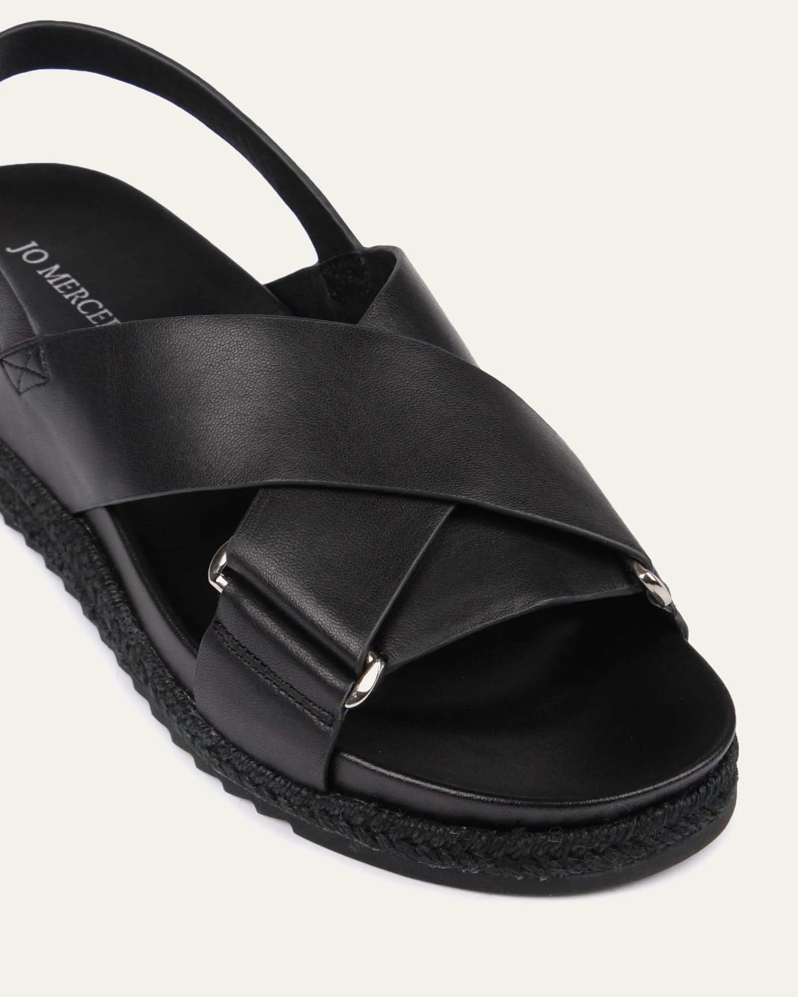 MILES FLAT ESPADRILLE SANDALS BLACK LEATHER