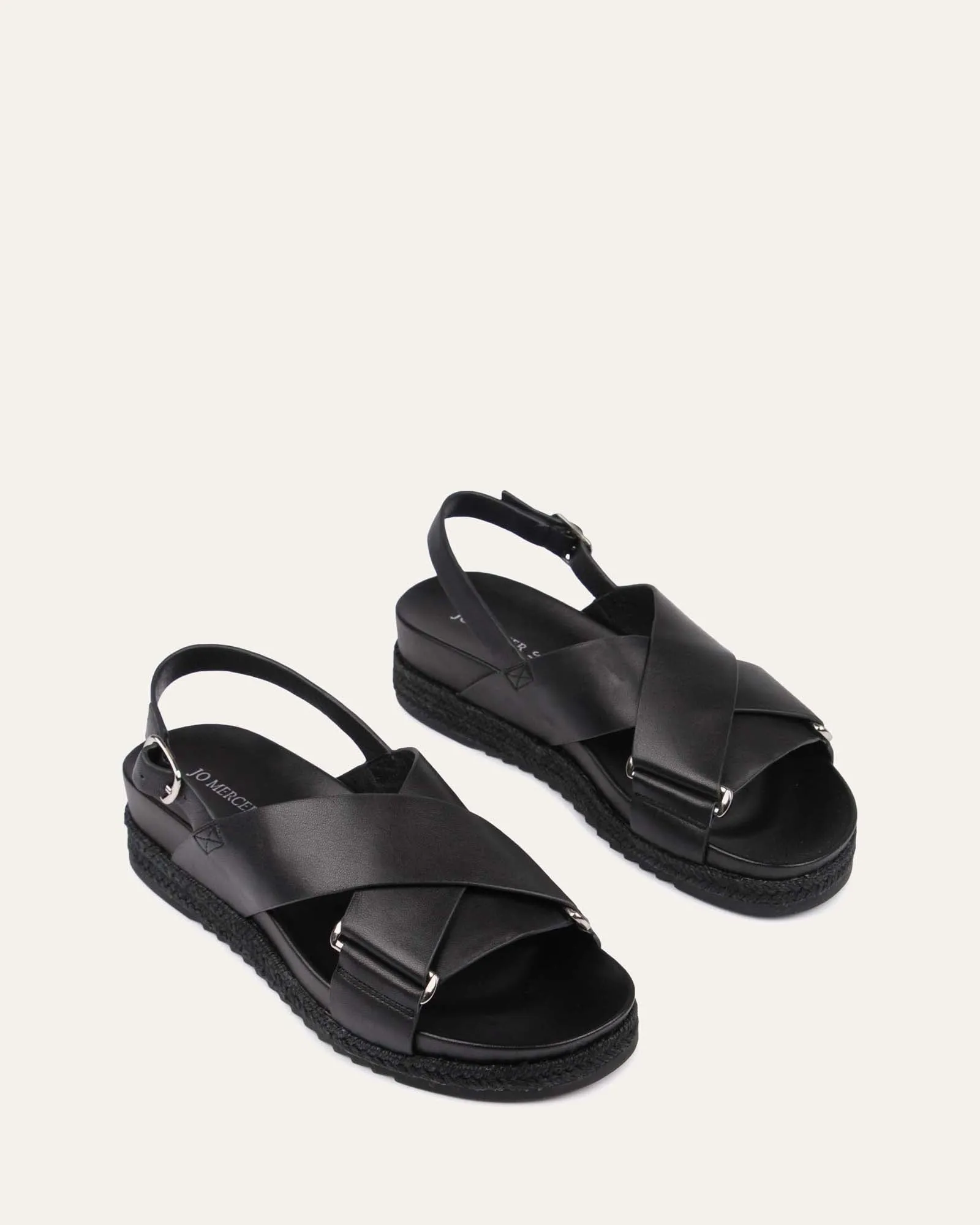 MILES FLAT ESPADRILLE SANDALS BLACK LEATHER