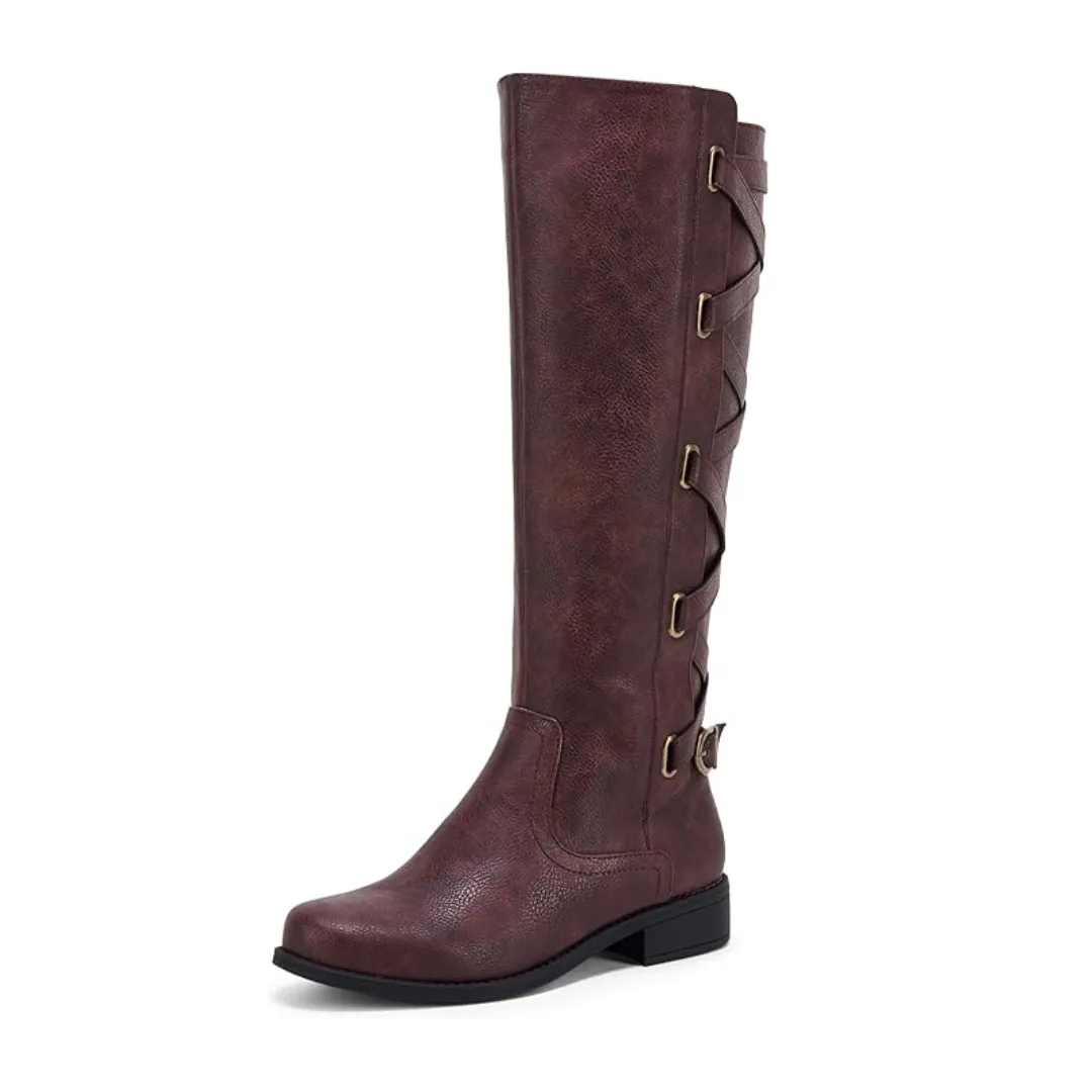 OCW Women Winter New Knee High Boots Waterproof Leather Made Unique Strap Shoes Design