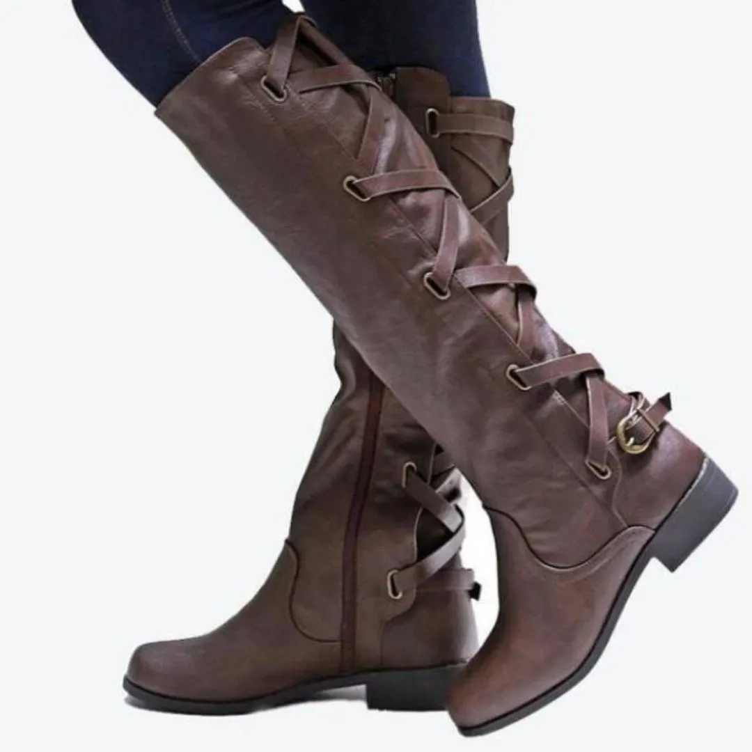 OCW Women Winter New Knee High Boots Waterproof Leather Made Unique Strap Shoes Design