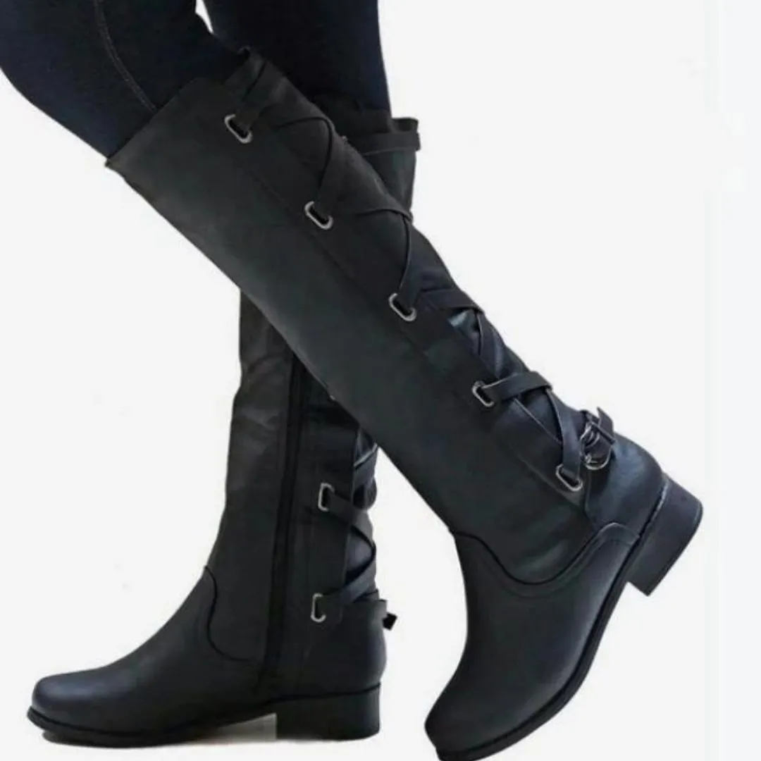 OCW Women Winter New Knee High Boots Waterproof Leather Made Unique Strap Shoes Design